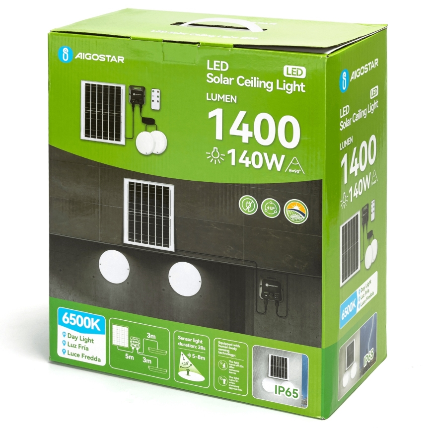 Aigostar - Plafonnier solaire LED avec capteur 2xLED/70W/3,7V 12000 mAh IP65 + télécommande