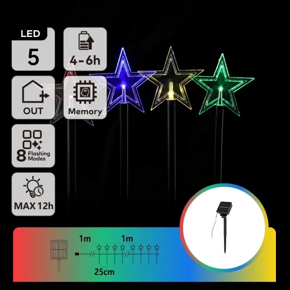 Aigostar - Luminaire solaire de Noël LED RGBY 5xLED/1,2V/8 fonctions 1m IP65 800mAh étoiles
