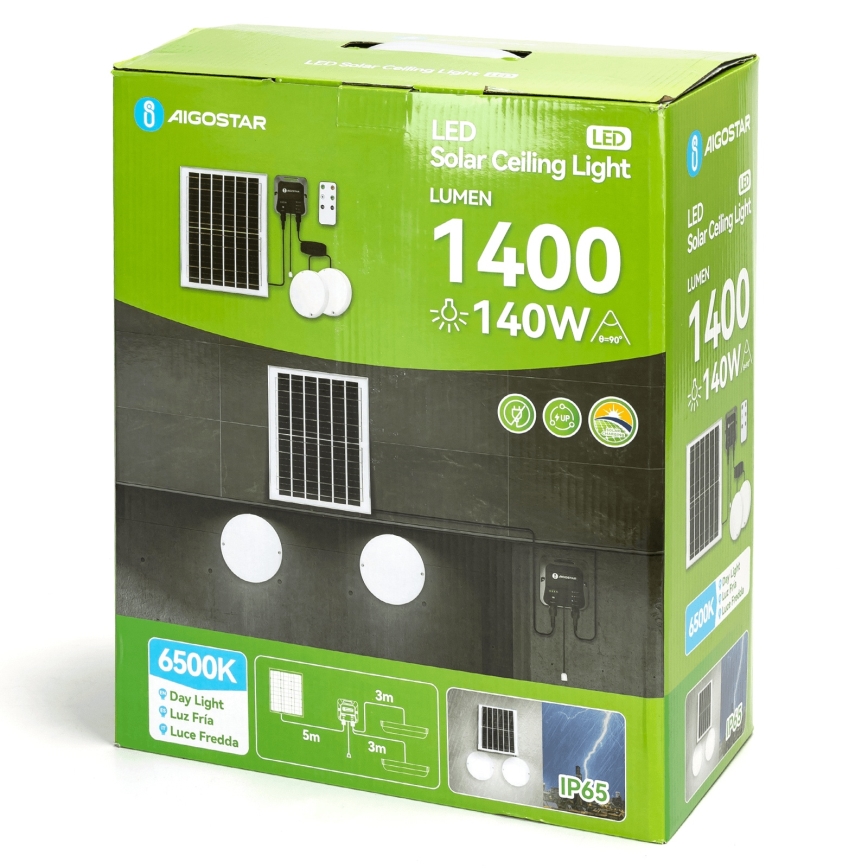Aigostar - Lampe solaire LED 2xLED/70W/12V 12000 mAh 6500K IP65 Ø 20,5 cm + télécommande