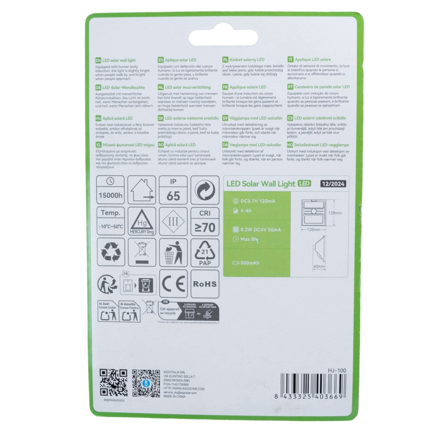 Aigostar - Luminaire solaire LED avec capteur LED/3,7V 6500K 500 mAh IP65 noir