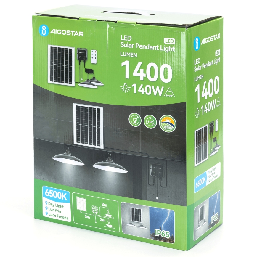 Aigostar - Lustre solaire LED 2xLED/70W/12V 12000 mAh 6500K IP65 Ø 23,5 cm + télécommande