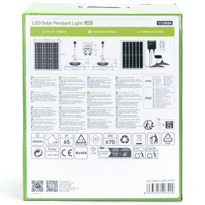 Aigostar - Lustre solaire LED 2xLED/70W/12V 12000 mAh 6500K IP65 Ø 23,5 cm + télécommande