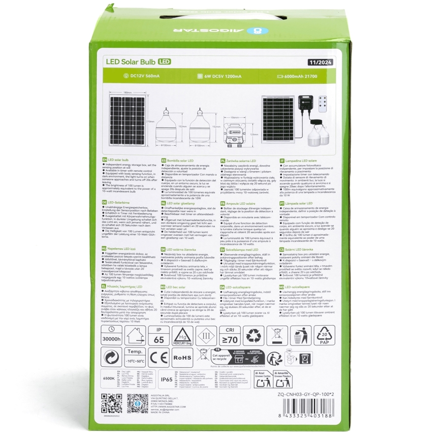 Aigostar - Lustre solaire LED avec capteur 2×LED/35W/12V 6000 mAh 6500 K IP65 Ø 10 cm + télécommande