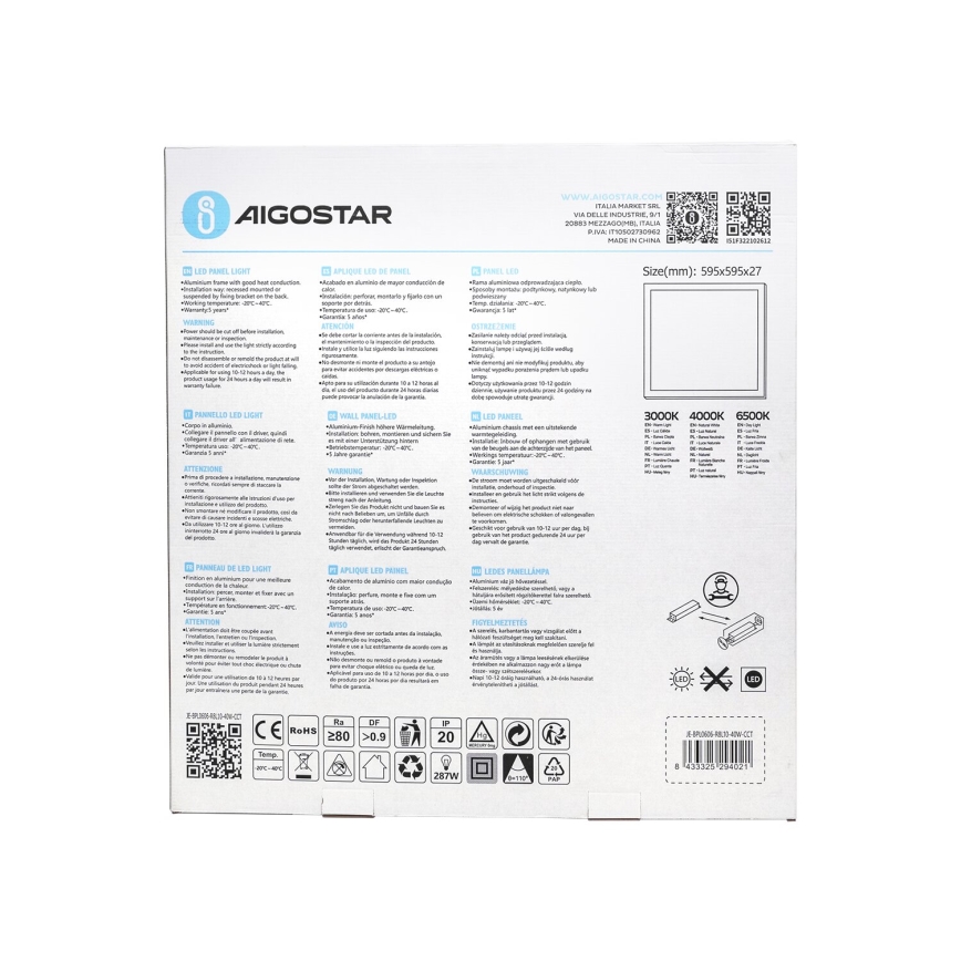 Aigostar - Pannello LED da incasso LED/40W/230V 3000K/4000K/6500K 60x60cm bianco