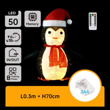 Aigostar - Pinguino natalizio LED per esterni 50xLED/3xAA 0,7m IP44 con telecomando