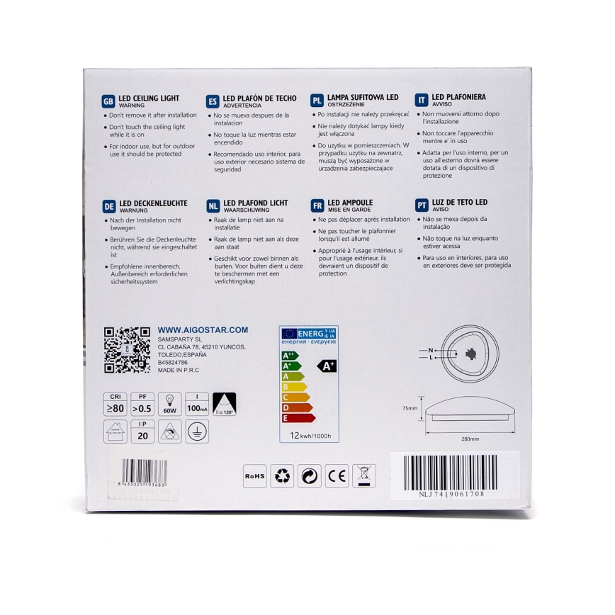 Aigostar - Plafoniera LED con sensore, 12W, 230V, 3000K, Ø 28 cm