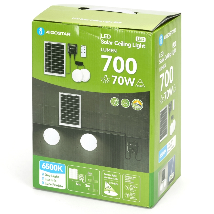 Aigostar - Plafoniera solare LED con sensore 2xLED/35W/3,7V 6000 mAh IP65 + telecomando
