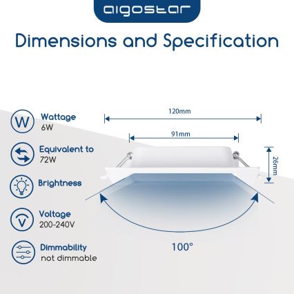 Aigostar - Plafonnier LED encastré 6 W, 230 V, 3000 K, 12 x 12 cm, blanc