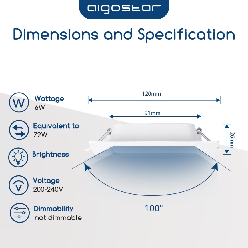 Aigostar - Plafonnier LED encastré 6 W, 230 V, 3000 K, 12 x 12 cm, blanc