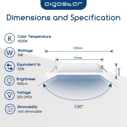 Aigostar - Plafonnier LED encastré 6W 230V 4000K 12x12 cm blanc