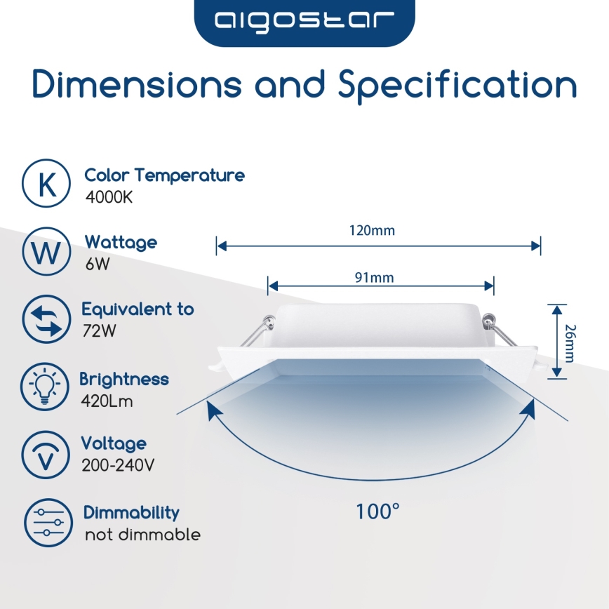 Aigostar - Plafonnier LED encastré 6W 230V 4000K 12x12 cm blanc