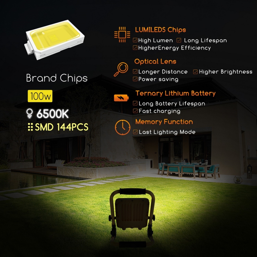 Aigostar - Proiettore ricaricabile dimmerabile LED/100W/5V 6500K IP65