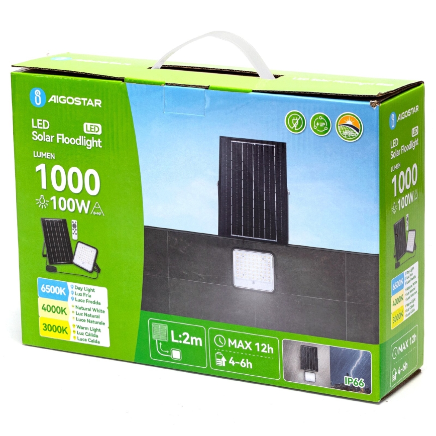 Aigostar - Proiettore solare LED dimmerabile LED/100W/3,4V 3000/4000/6500K IP66 8000 mAh + telecomando