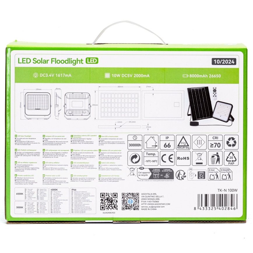 Aigostar - Proiettore solare LED dimmerabile LED/100W/3,4V 3000/4000/6500K IP66 8000 mAh + telecomando