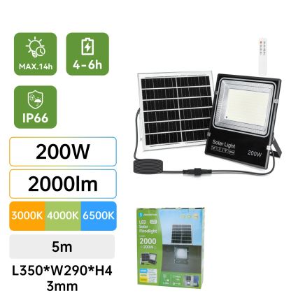 Aigostar - Proiettore solare LED dimmerabile LED/200W/3,2V 3600mAh 3000K/4000K/6500K IP66 + telecomando