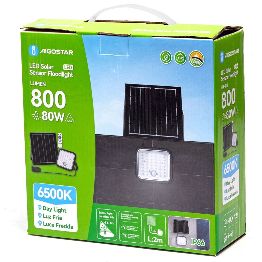 Aigostar - Proiettore solare LED dimmerabile con sensore LED/80W/3,4V 6500K IP66 4000 mAh + telecomando