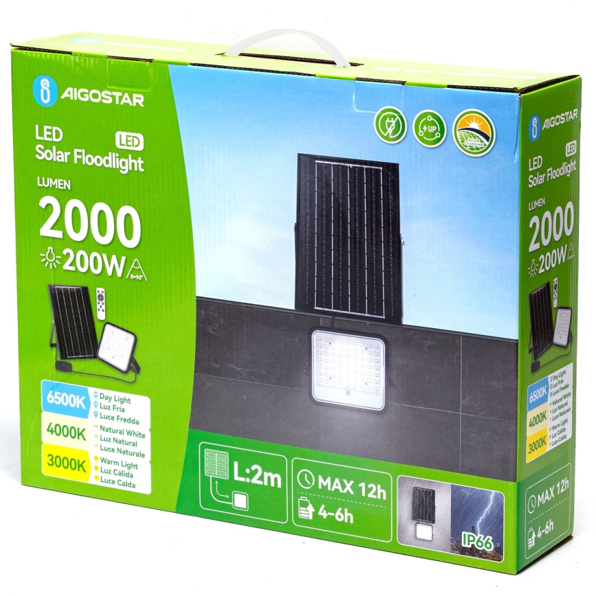Aigostar - Proiettore solare dimmerabile a LED/200W/3,4V 3000/4000/6500K IP66 16000 mAh + telecomando