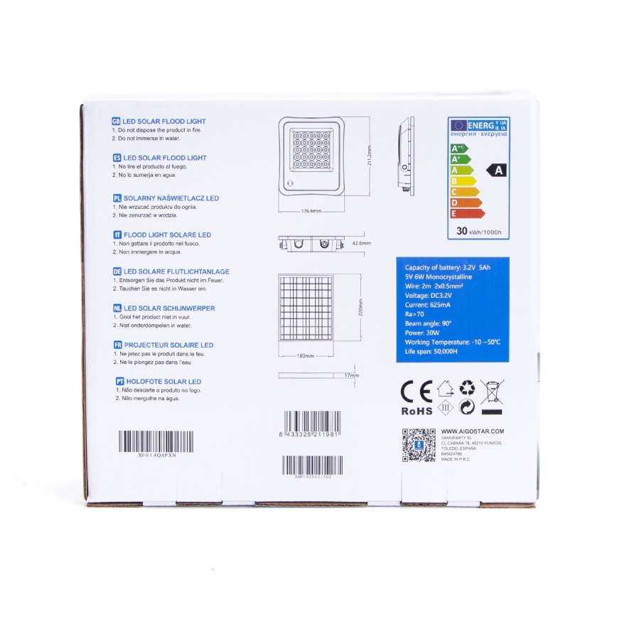 Aigostar - Proiettore solare LED dimmerabile LED/30W/3,2V IP67 + tc