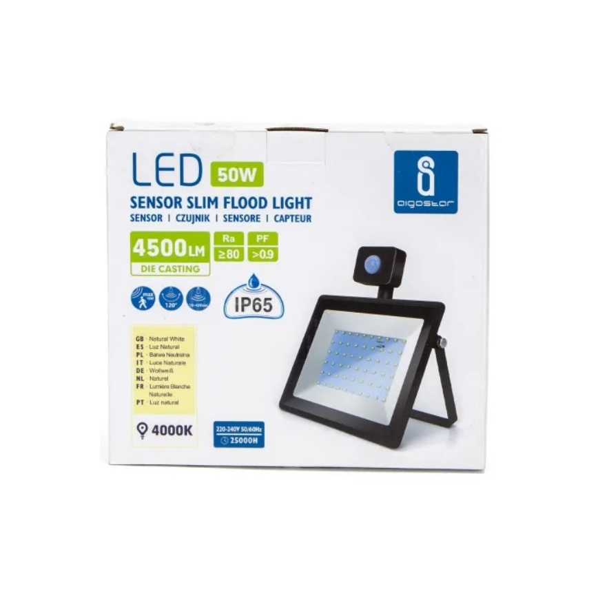 Aigostar - Projecteur avec détecteur LED/50W/230V 4000K IP65 noir