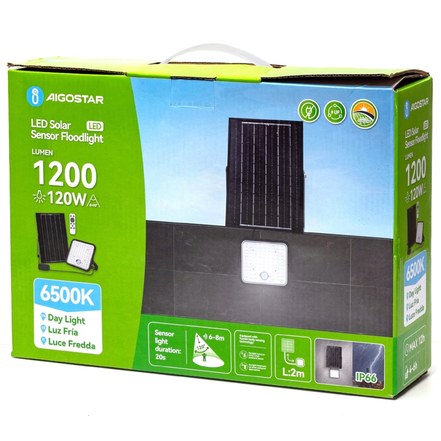 Aigostar - Projecteur solaire à intensité variable avec détecteur LED/120W/3,4V 6500K IP66 + Télécommande