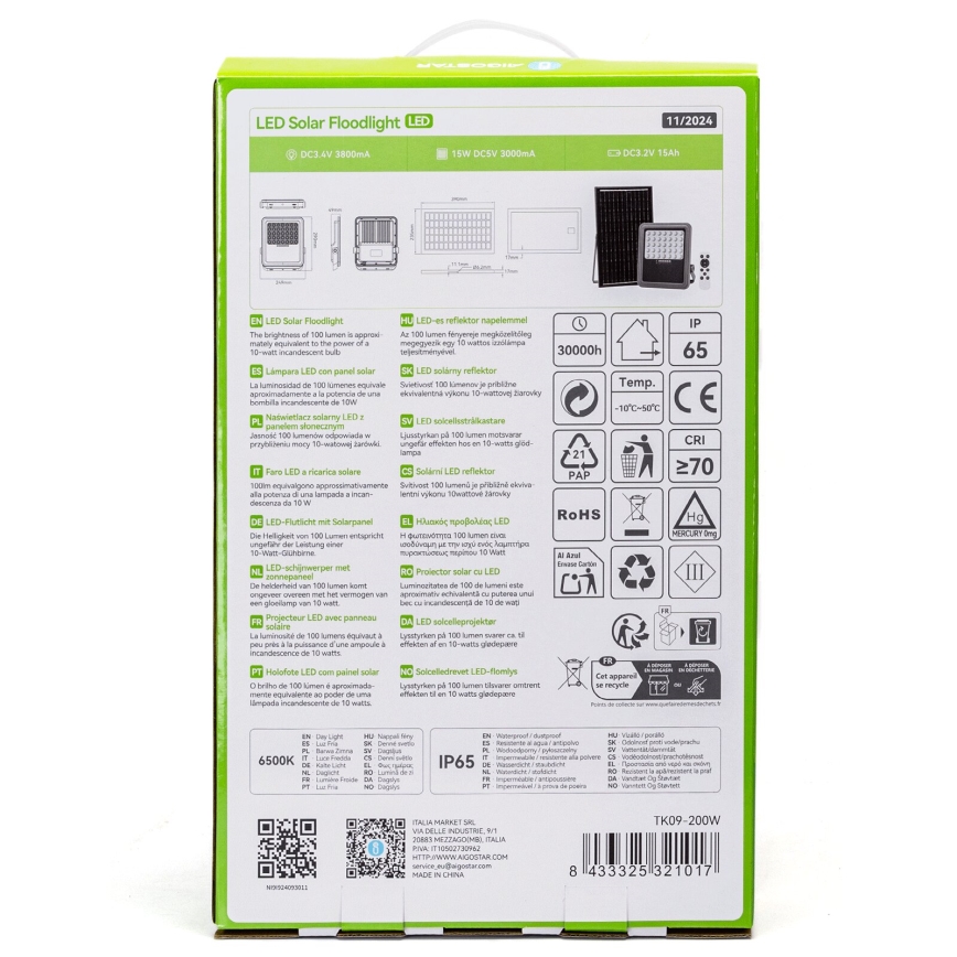 Aigostar - Projecteur solaire LED dimmable LED/200W/3,4V IP65 15000 mAh + télécommande