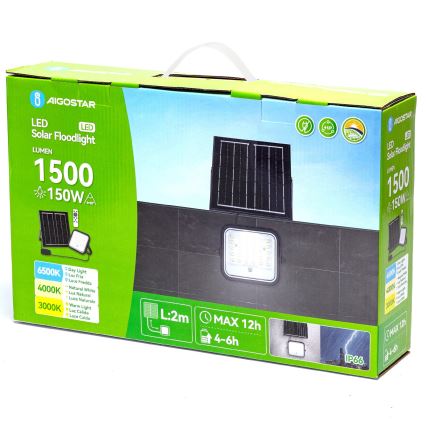 Aigostar - Projecteur solaire LED dimmable 150W/3,4V 3000/4000/6500K IP66 12000 mAh + télécommande