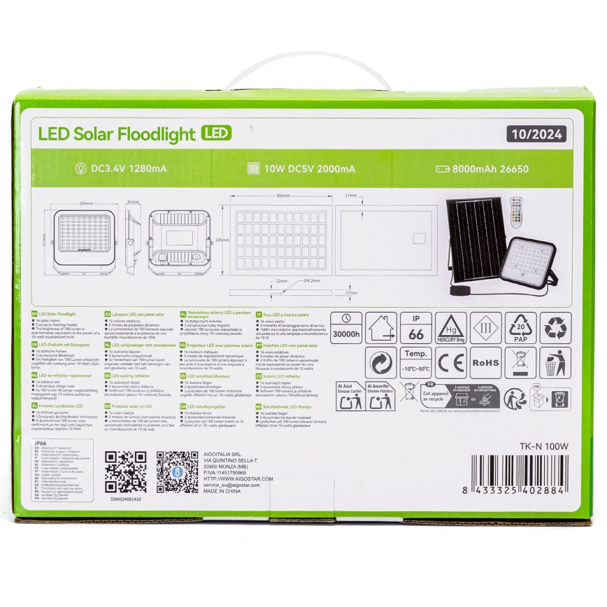 Aigostar - Projecteur solaire RGBW à intensité variable LED/100W/3,4V IP66 + Télécommande