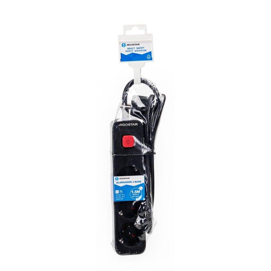 Aigostar - Prolunga con interruttore 3Z Tipo F 1,5m nero