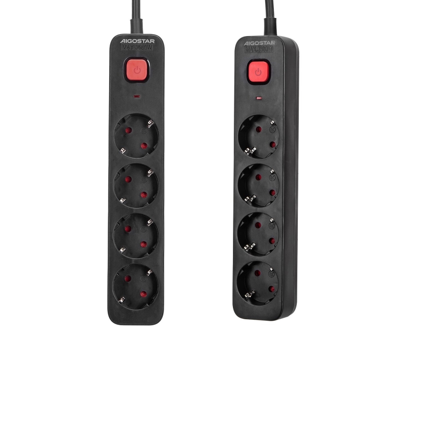 Aigostar - Rallonge avec interrupteur 4Z Type F 1,5m SCHUKO noir
