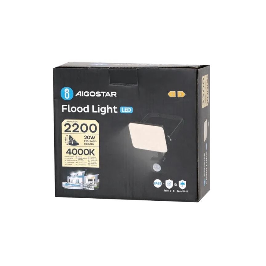 Aigostar - Riflettore LED con sensore LED/20W/230V 4000K IP65 nero