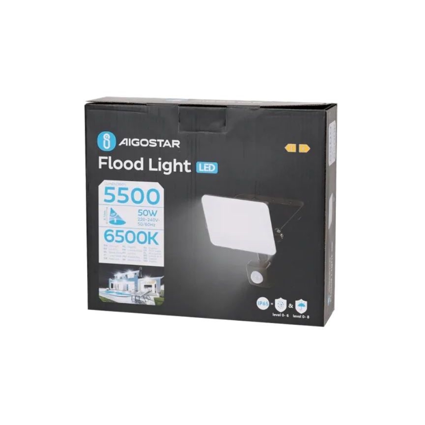 Aigostar - Riflettore LED con sensore LED/50W/230V 6500K IP65 nero
