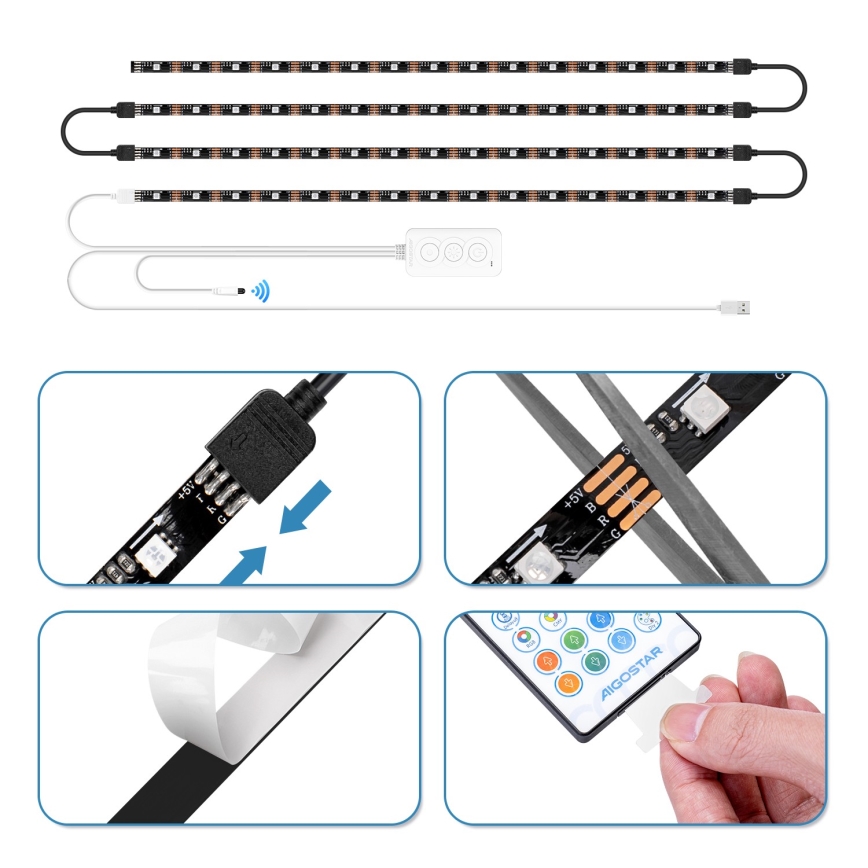 Aigostar - Ruban RGB  connecté à intensité variable 4x0,5m LED/4,5W/5V Wi-Fi + télécommande