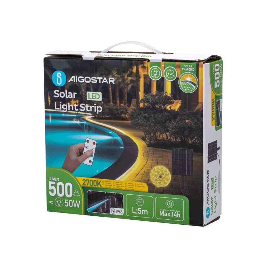 Aigostar - Ruban solaire à intensité variable LED/5W/3,2V 5 m 2700K IP65 + télécommande