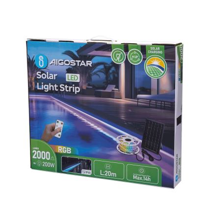 Aigostar - Ruban solaire RGB à intensité variable LED/20W/3,2V 20 m IP65 20000 mAh + Télécommande