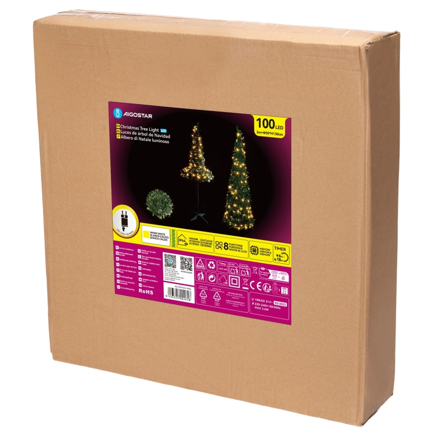 Aigostar - Sapin de Noël LED d'extérieur, 100 LED, 1,5 m, IP44, vert, blanc chaud