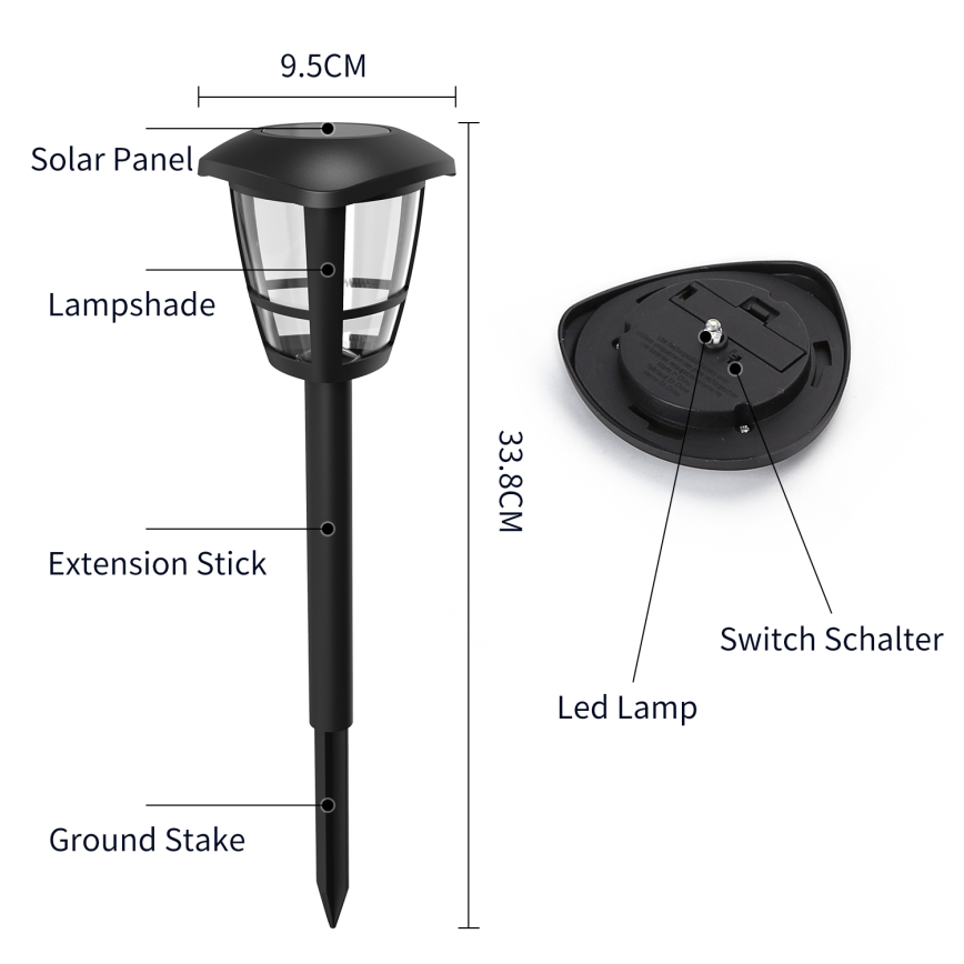 Aigostar - SET 12x LED-Solarleuchte LED/0,06W/2V 33,8 cm 6500K 100 mAh IP44 schwarz