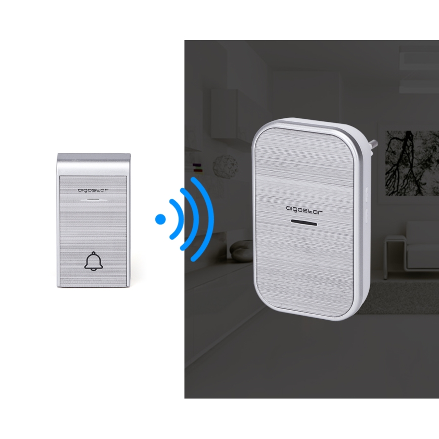 Aigostar - SET 2x Campanello con presa wireless 230V IP44 argento