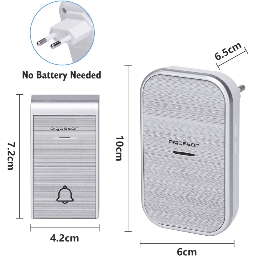 Aigostar - SET 2x Campanello con presa wireless 230V IP44 argento