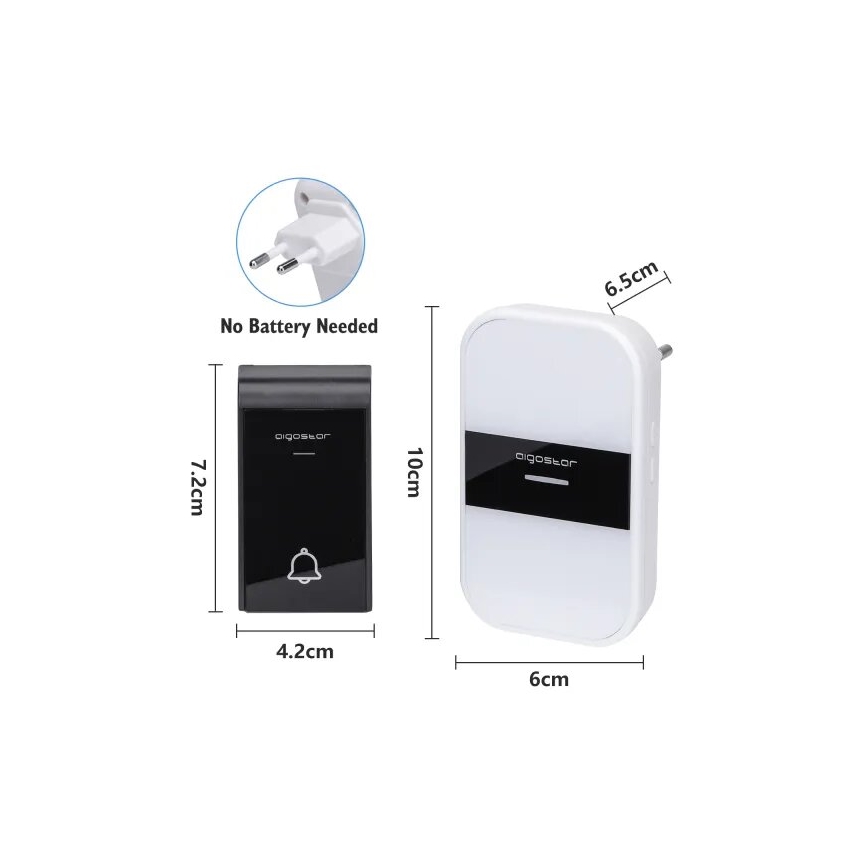 Aigostar - SET 2x Sonnette sans fil 230V IP44 blanche/noire
