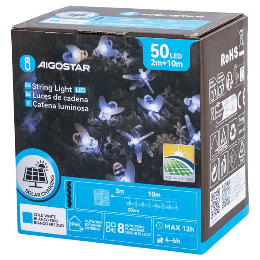 Aigostar - LED solarbetriebene Dekorations-Lichterkette, 50 LEDs, 8 Funktionen, 10 m, 800 mAh, IP65, kaltweiß