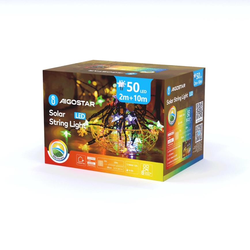 Aigostar - Solar-LED-Lichterkette 50 LEDs/8 Funktionen 800 mAh 12 m IP65 mehrfarbig
