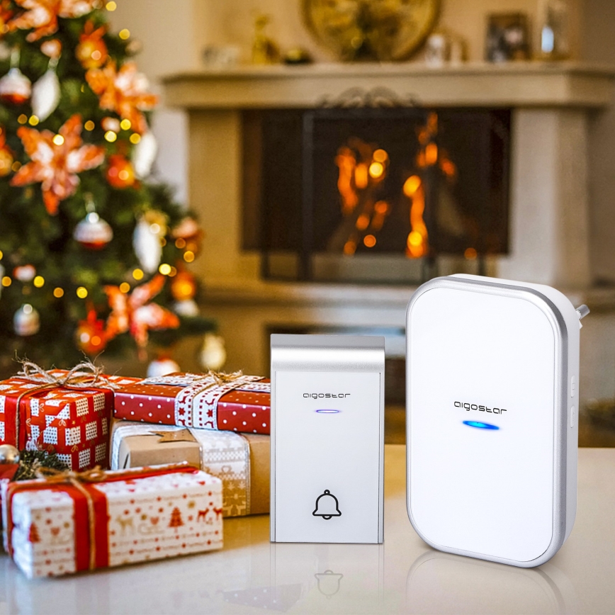 Aigostar - Carillon sans fil à brancher sur prise 230V/12V IP44 blanc