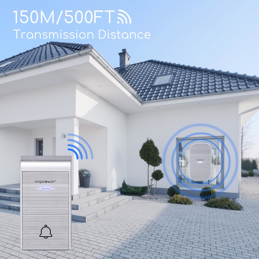 Aigostar - Sonnette sans fil à brancher sur prise 230V/12V IP44, argentée