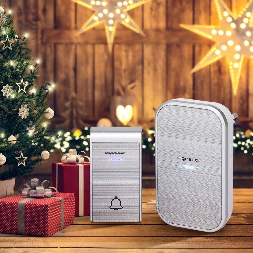 Aigostar - Sonnette sans fil à brancher sur prise 230V/12V IP44, argentée