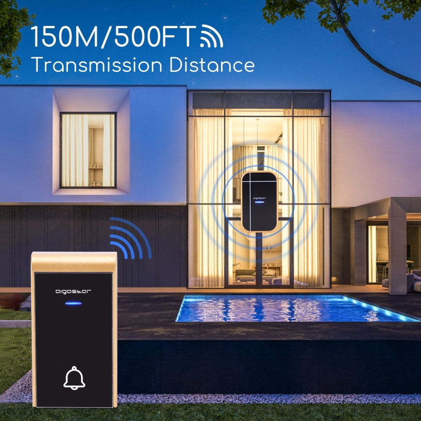 Aigostar - Sonnette sans fil à brancher sur prise 230V/12V IP44 noire