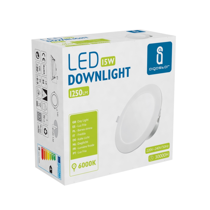 Aigostar - Spot encastrable de salle de bain LED/15W/230V 6000K IP44 d. 14,5 cm blanc