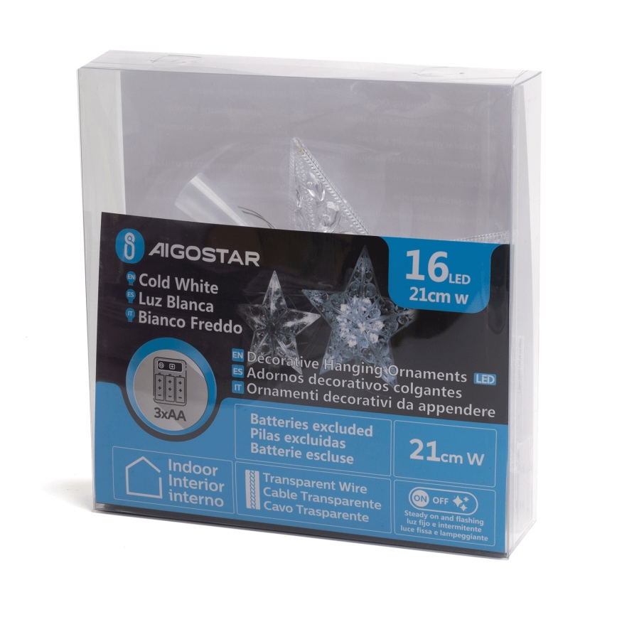Aigostar - Stella LED per decorazione natalizia, 16 LED, 3xAA, luce bianca fredda