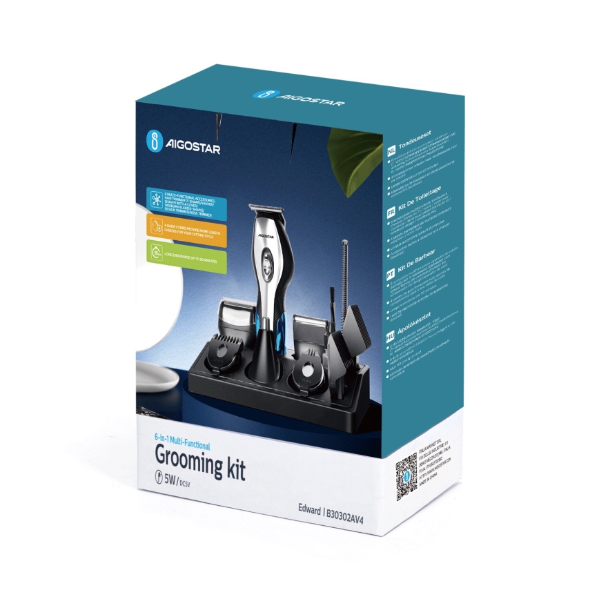 Aigostar - Tagliacapelli con accessori 6in1 5W/5V nero