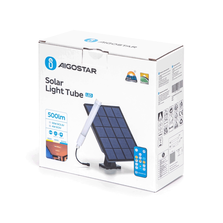 Aigostar - Tube à intensité variable avec panneau solaire LED/3,2V 3000K/4000K/6500K IP65 5000 mAh + Télécommande