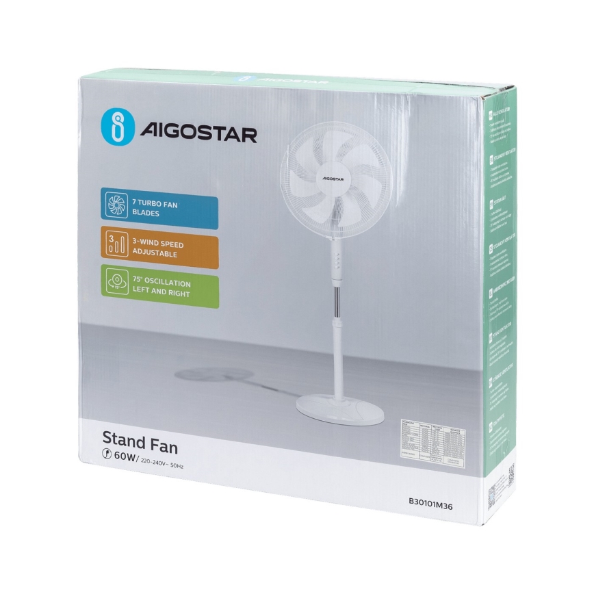 Aigostar - Ventilateur sur pied 60W/230V blanc
